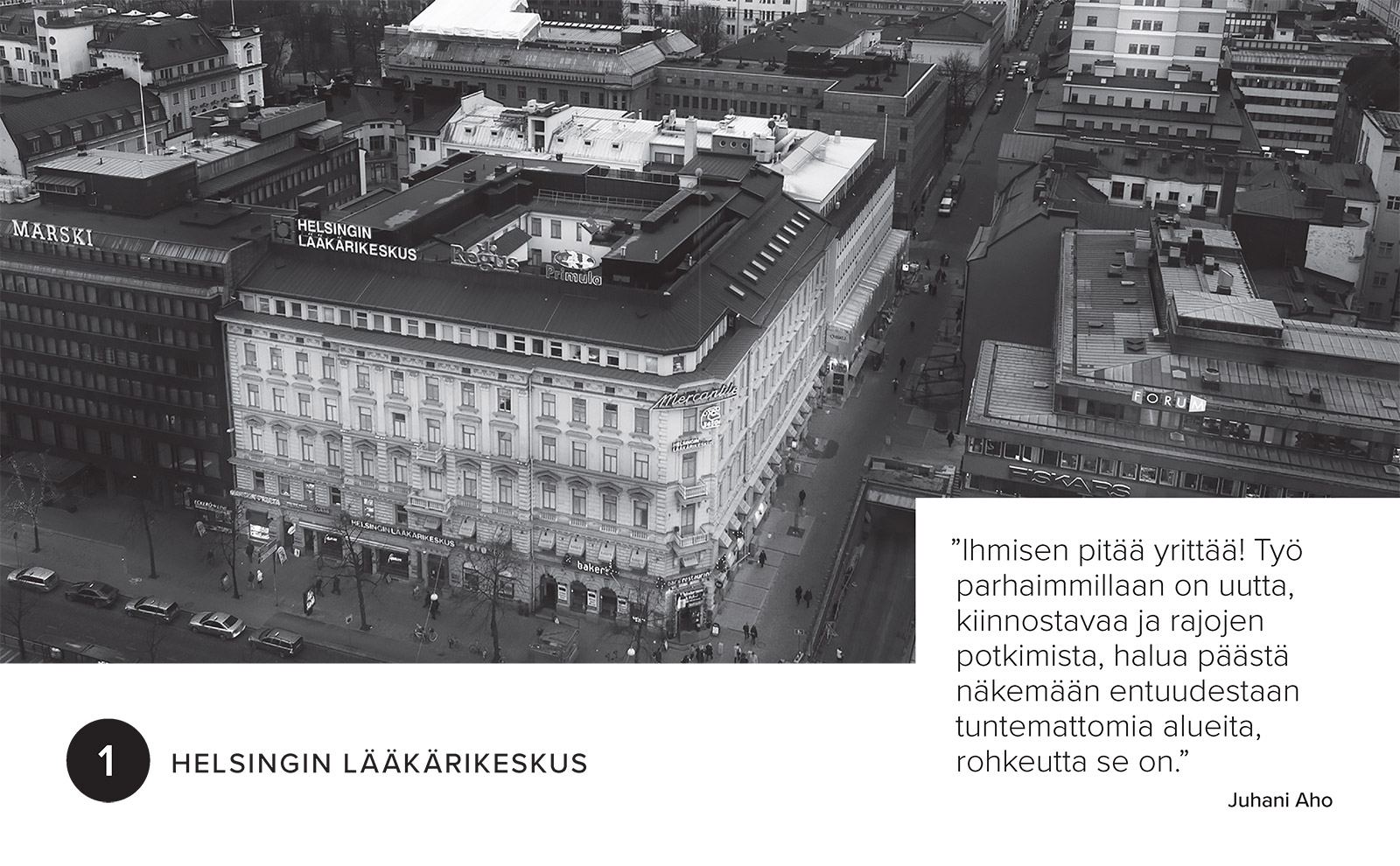 Spread from Aava 60, chapter 1 the Helsinki medical centre, an aerial photograph of the building in central Helsinki