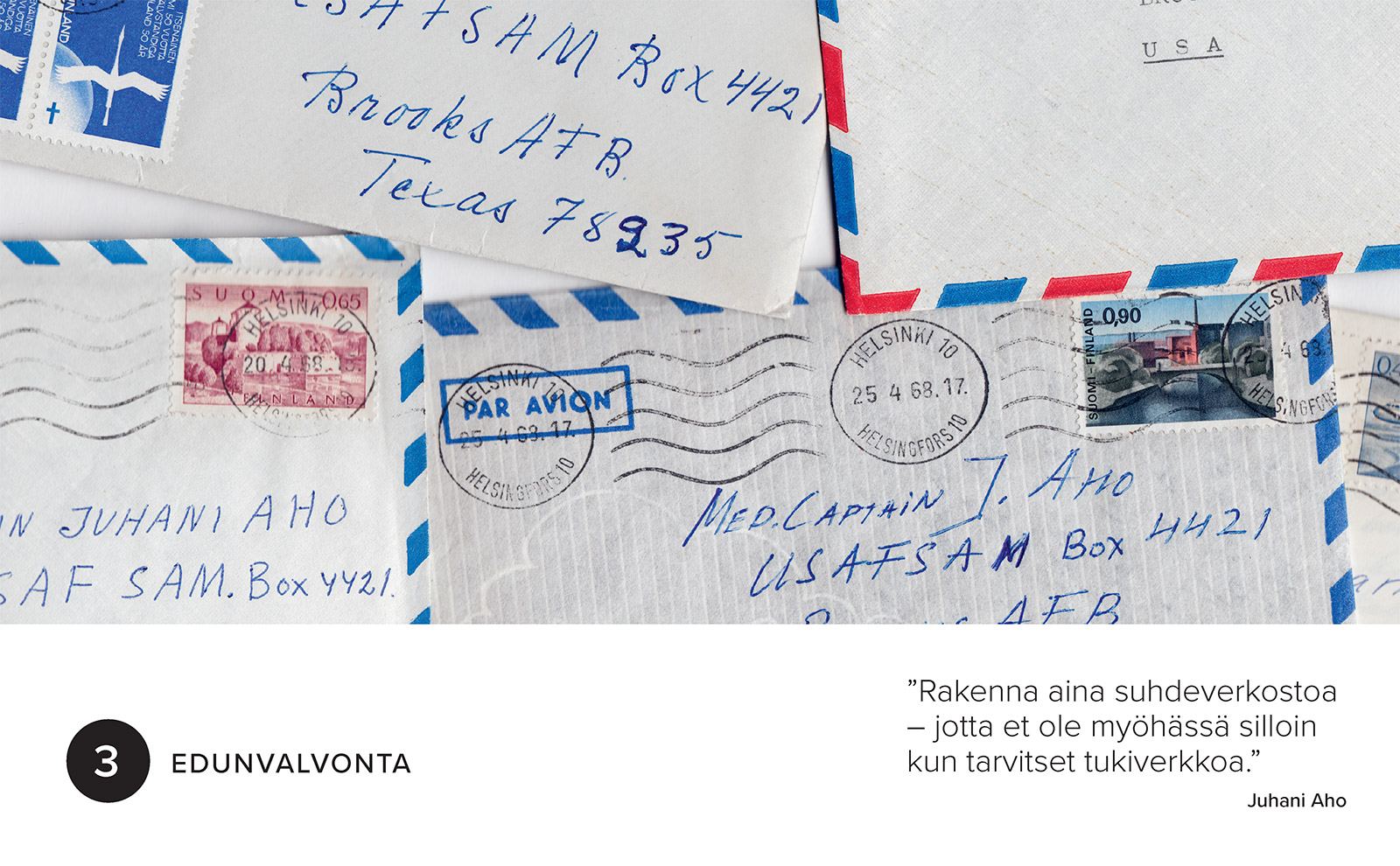 Spread from Aava 60, chapter 3 advocacy, showing envelopes addressed to Juhani Aho