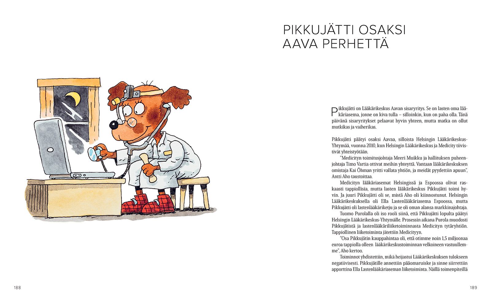 Spread from Aava 60 on Pikkujätti joining Aava, illustrated with a drawing of a dog as a doctor