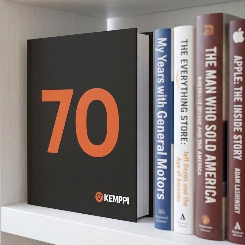 The Kemppi 70 years company history on a bookshelf